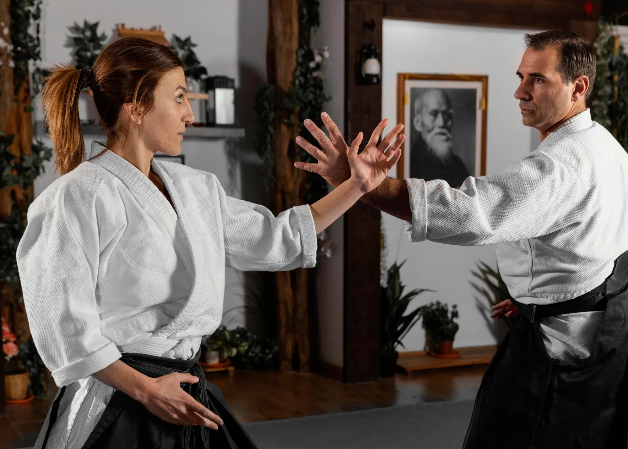 Introductory dōjō class with instructor guiding a student through the first bow